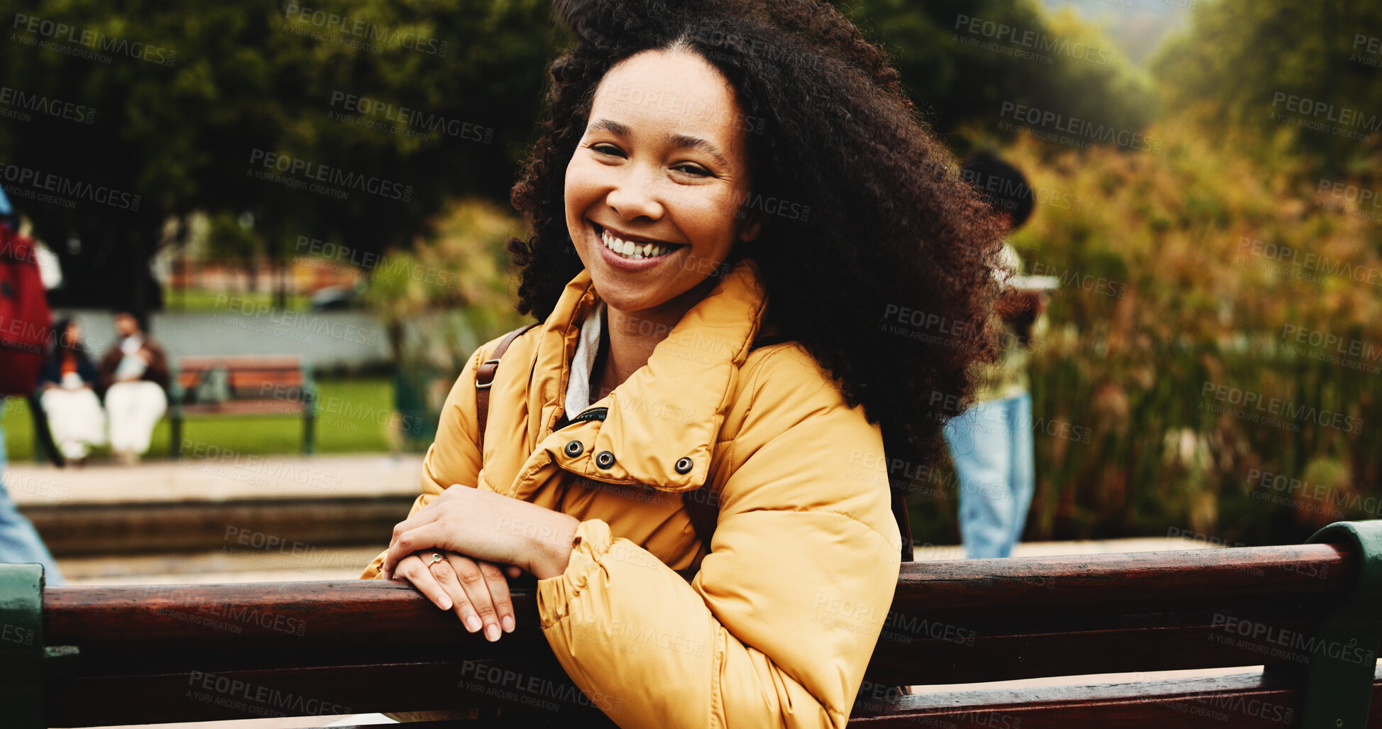 Buy stock photo Portrait, woman and student on bench at college for education, scholarship and learning. Happy, female person and backpack outdoor of study opportunity, course curriculum and knowledge at university
