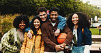 Happy, outdoor and portrait of students on university with bonding, connection and friendship. Smile, nature and group of people with education for studying together with pride at college campus.