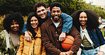 Portrait, friends or university student with hug on campus, education support or outdoor bonding on study break. Embrace, diversity and happy people learn together, care and knowledge with basketball