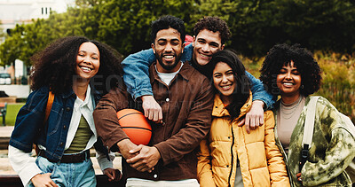 Buy stock photo Hug, outdoor and portrait of friends on university with bonding, connection or studying together. Happy, knowledge and group of students embracing for education scholarship at college campus.