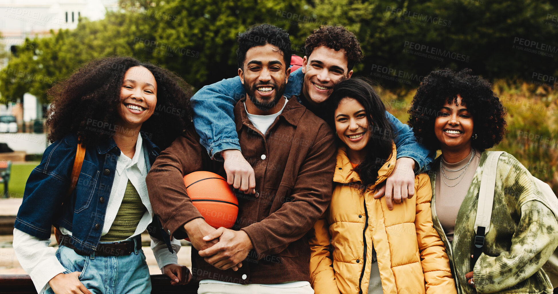 Buy stock photo Hug, outdoor and portrait of friends on university with bonding, connection or studying together. Happy, knowledge and group of students embracing for education scholarship at college campus.