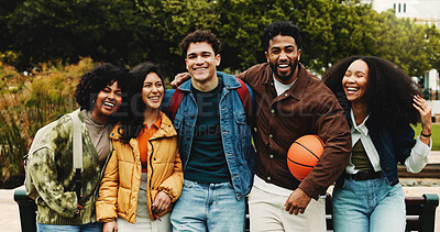 Buy stock photo Portrait, friends or college student with hug on campus, education support or outdoor bonding on study break. Embrace, diversity and happy people laugh together, care and knowledge with basketball