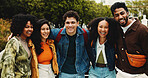 Hug, outdoor and portrait of people on university with bonding, connection or studying together on campus. Happy, education and students embracing for support, learning or scholarship at college.