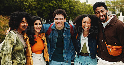 Buy stock photo Hug, outdoor and portrait of people on university with bonding, connection or studying together on campus. Happy, education and students embracing for support, learning or scholarship at college.