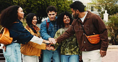 Buy stock photo People, hand stack and university outdoor for teamwork, motivation and agreement for learning. Students, huddle and collaboration for education, study group and solidarity support of exam preparation