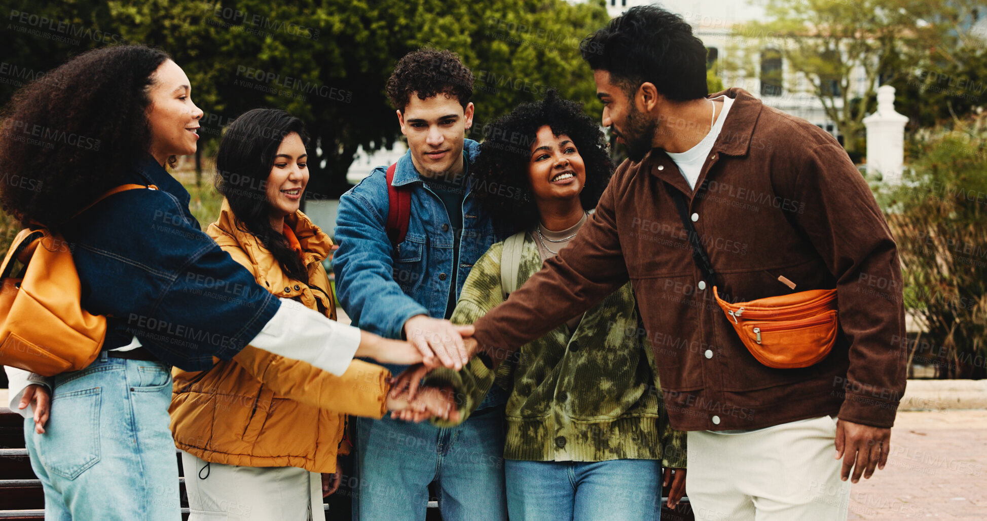 Buy stock photo People, hand stack and university outdoor for teamwork, motivation and agreement for learning. Students, huddle and collaboration for education, study group and solidarity support of exam preparation
