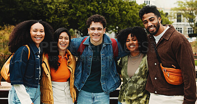 Buy stock photo Portrait, friends and students with hug on campus, education support and outdoor bonding on study break. University scholarship, connection or happy people embrace together, care or knowledge outside