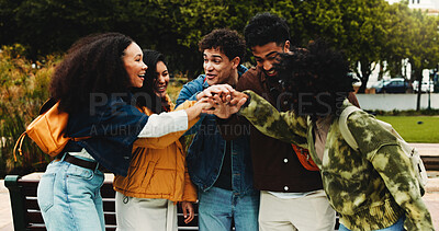 Buy stock photo College student, friends and happy with hands together outdoor for exam results, support or victory. Group, people or huddle on university campus for test motivation, semester success or study goals