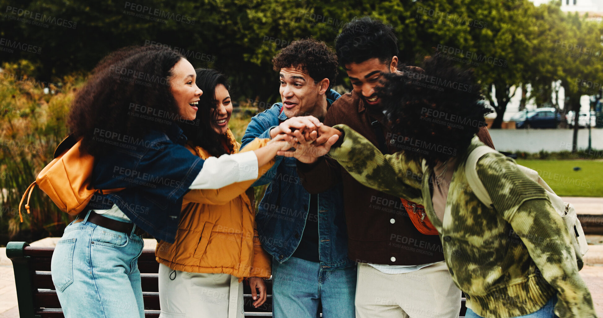 Buy stock photo College student, friends and happy with hands together outdoor for exam results, support or victory. Group, people or huddle on university campus for test motivation, semester success or study goals