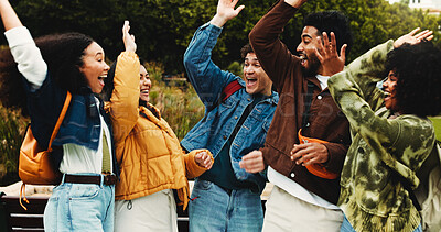 Buy stock photo College, education and excited people with hands together for friends, learning or knowledge. University, academy and youth development with gen z students on campus for scholarship, break or bonding