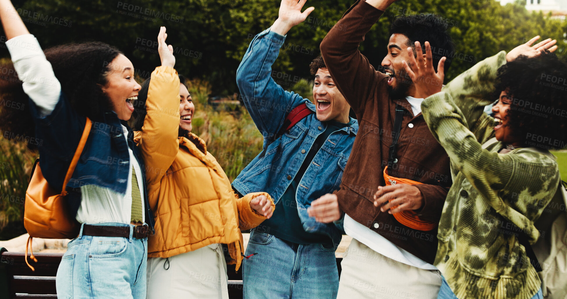 Buy stock photo College, education and excited people with hands together for friends, learning or knowledge. University, academy and youth development with gen z students on campus for scholarship, break or bonding