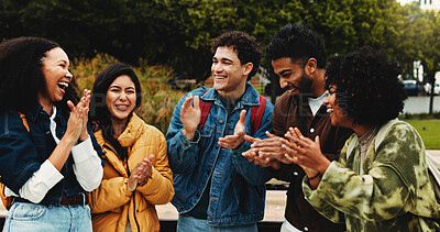 Buy stock photo College, students or friends with applause on campus for congratulations, scholarship goal or success. Achievement, support or group of people with outdoor clap for celebration, good news or excited