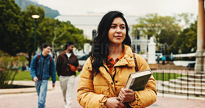 Buy stock photo Outdoor, student and woman with book, thinking and education for skill development, learn or college. Future, reflection and person with scholarship for opportunity, vision and studies at university