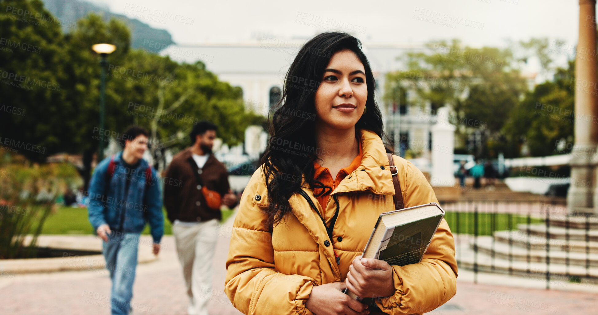 Buy stock photo Outdoor, student and woman with book, thinking and education for skill development, learn or college. Future, reflection and person with scholarship for opportunity, vision and studies at university