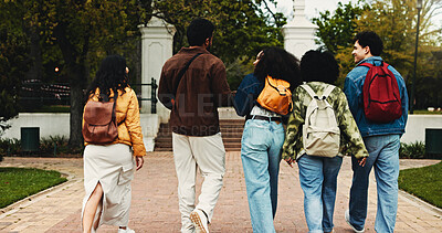 Buy stock photo College, campus and back of people with walking for friends, learning and knowledge. University, academy and youth development with gen z students for scholarship, education break and bonding