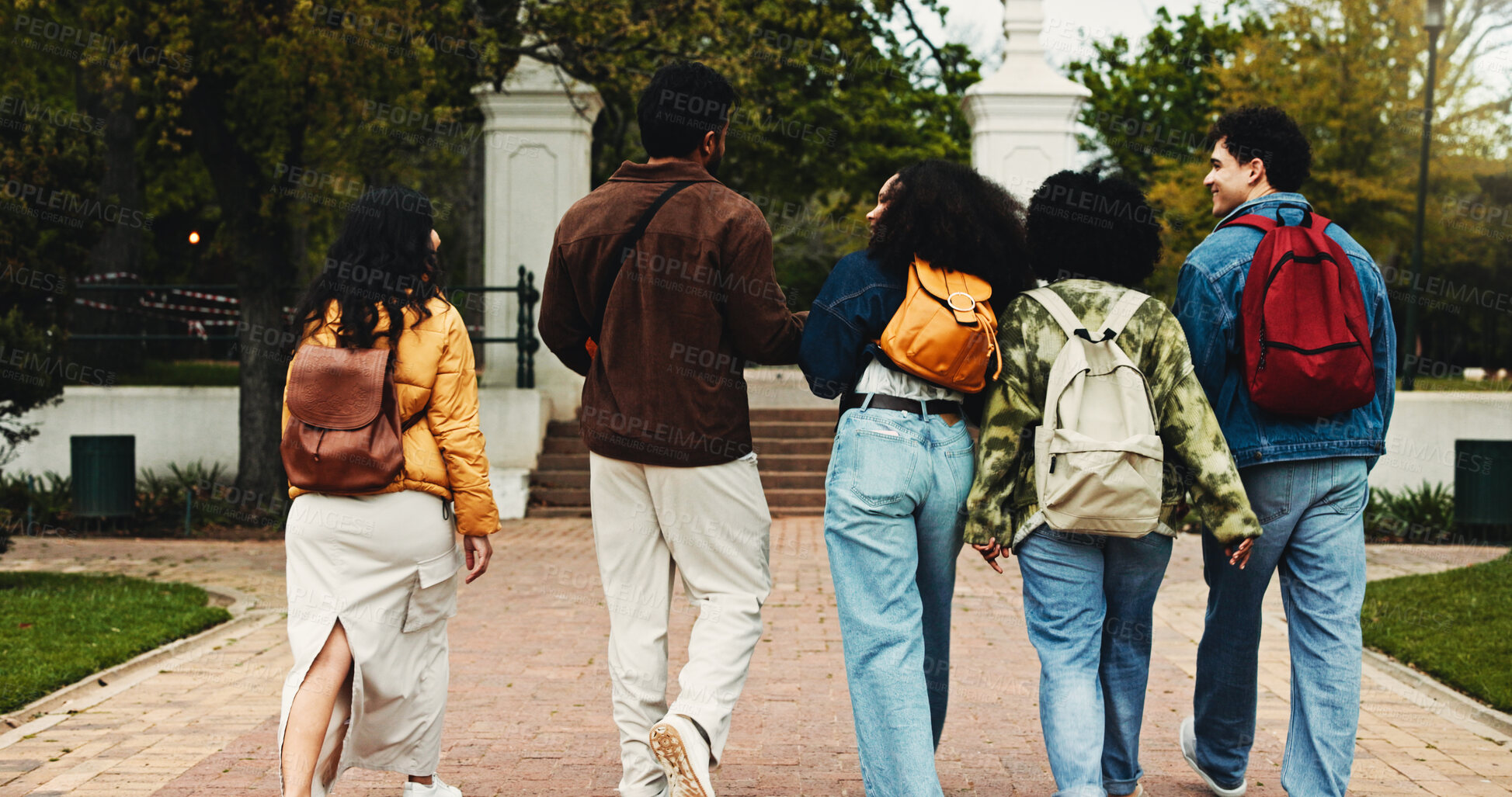 Buy stock photo College, campus and back of people with walking for friends, learning and knowledge. University, academy and youth development with gen z students for scholarship, education break and bonding