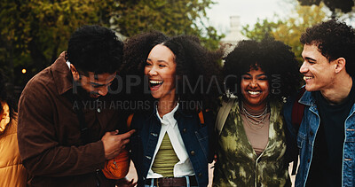 Buy stock photo University, education and happy people with laughing for friends, learning and knowledge. College, academy and group development with gen z students on campus for scholarship, break and bonding