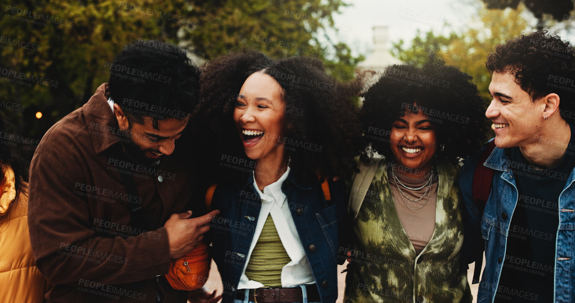 Buy stock photo University, education and happy people with laughing for friends, learning and knowledge. College, academy and group development with gen z students on campus for scholarship, break and bonding