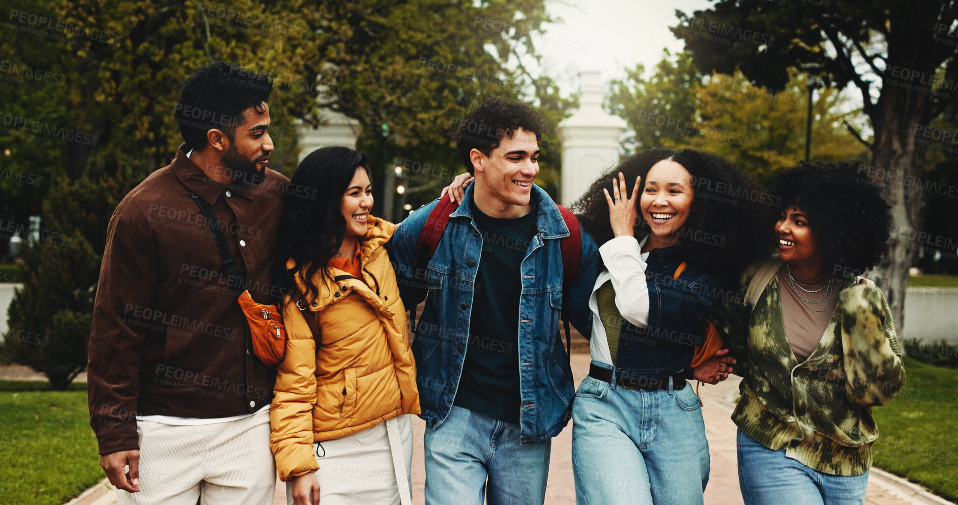 Buy stock photo Hug, outdoor and friends on university with connection, bonding or studying together on campus. Happy, education and students embracing and walking with scholarship, knowledge or learning at college.
