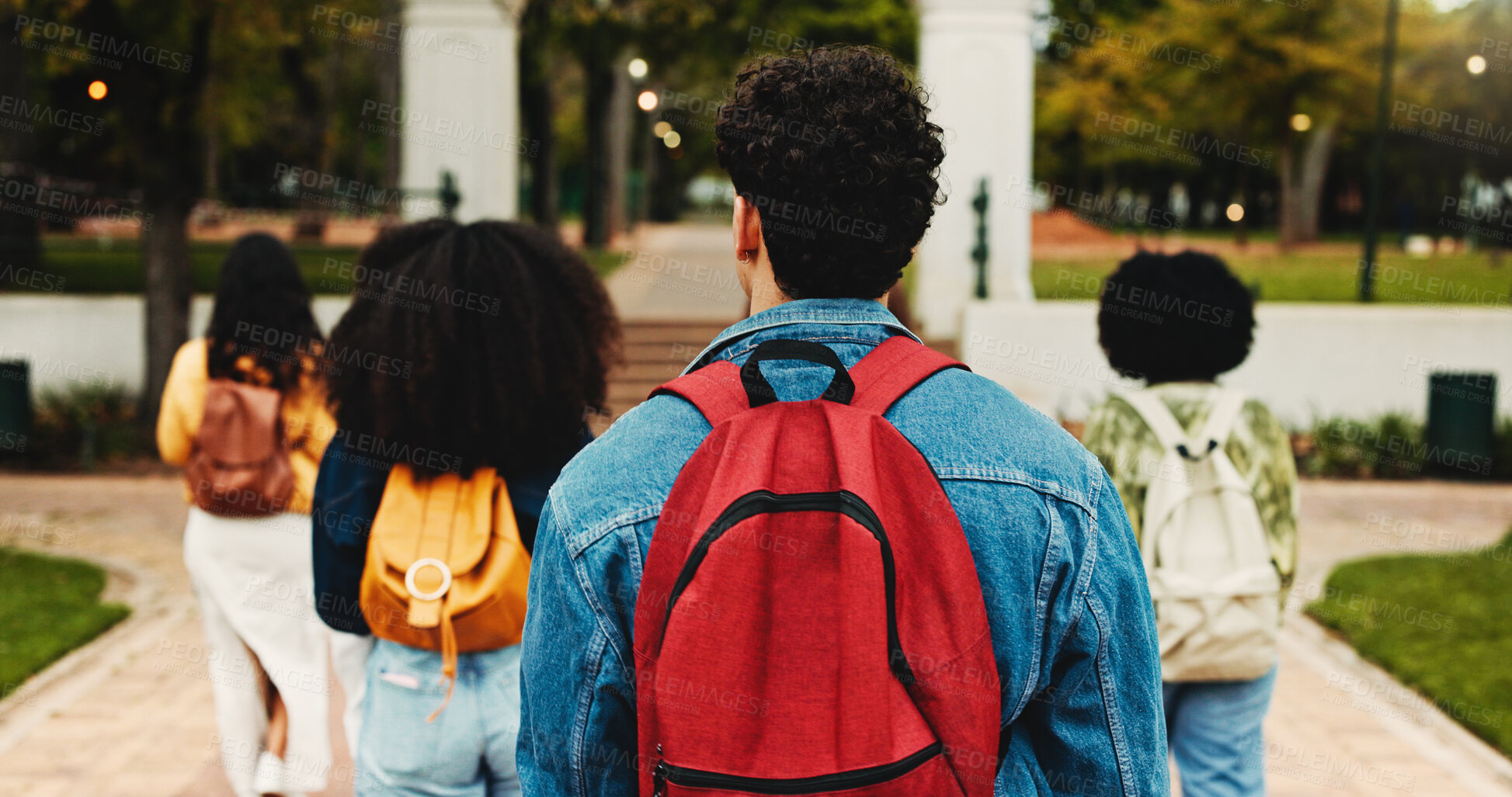 Buy stock photo Man, students and back with walk at college, bag and group for education, scholarship or development. Person, friends and backpack for learning, study and outdoor at university campus for course