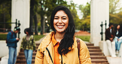 Buy stock photo Portrait, woman and student with smile at college for education, scholarship and learning. Happy, female person or backpack outdoor of study opportunity, course curriculum and knowledge at university