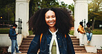 Portrait, happy woman or student on campus with college scholarship, education or skill development. Proud, person outdoor and smile at university for knowledge, academic goals and study opportunity.