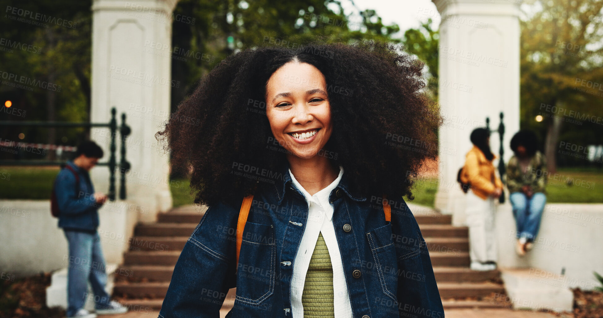 Buy stock photo Portrait, happy woman or student on campus with college scholarship, education or skill development. Proud, person outdoor and smile at university for knowledge, academic goals and study opportunity.