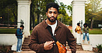 Confident, man and student with portrait at college for education, scholarship and learning. Male person, ready and bag outdoor for study opportunity, course curriculum and knowledge at university