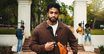 Buy stock photo Confident, man and student with portrait at college for education, scholarship and learning. Male person, ready and bag outdoor for study opportunity, course curriculum and knowledge at university