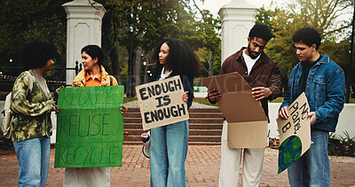Buy stock photo People, student and poster with cardboard for protest, recycling campaign or stop pollution. Group, friends or academic activists with signs for eco friendly awareness or save planet on campus