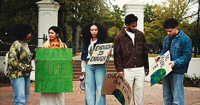Buy stock photo Protest, college student or people with sign on campus, recycling advocate or demand eco reform. Climate crisis awareness, sustainable policy or group with global warming poster, change or activist