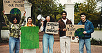Portrait, students and megaphone with sign outdoor for protest, climate change and pollution impact. People, bullhorn and rally with billboard for attention, recycling awareness and global warming