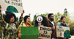 Sign, park and protest with people for earth, stop pollution and go green. Outdoor, students and rally with poster for climate change, sustainability and protect environment with call to action