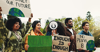 Buy stock photo Sign, park and protest with people for earth, stop pollution and go green. Outdoor, students and rally with poster for climate change, sustainability and protect environment with call to action