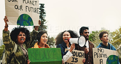 Buy stock photo People, protest and megaphone with sign outdoor for speech, climate change and pollution impact. Students, bullhorn and rally with billboard for attention, recycling awareness and global warming risk