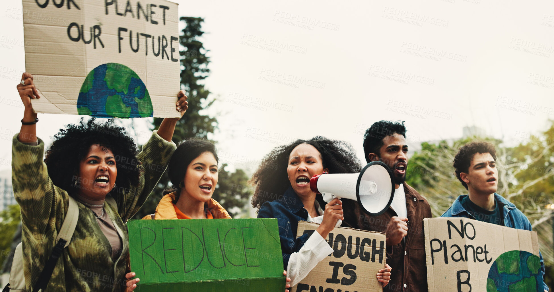 Buy stock photo People, protest and megaphone with sign outdoor for speech, climate change and pollution impact. Students, bullhorn and rally with billboard for attention, recycling awareness and global warming risk