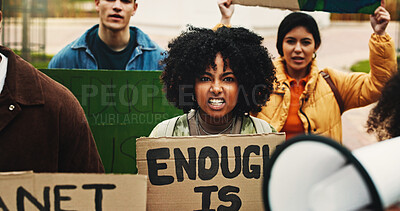 Buy stock photo Sign, university and protest with angry woman for earth, stop pollution and portrait. Outdoor, students and rally with poster for climate change, sustainability and protect environment at college