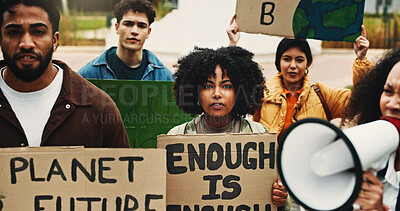 Buy stock photo Portrait, students and protest with billboard outdoor for climate change of pollution impact. People, bullhorn and college rally with poster for attention, recycling awareness and global warming risk