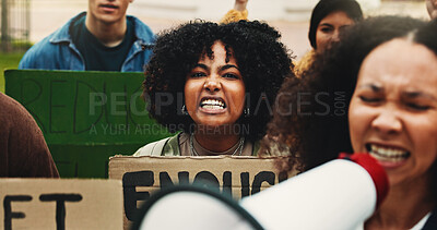 Buy stock photo Portrait, woman and protest with billboard outdoor for climate change of pollution impact. Students, bullhorn and college rally with poster for attention, recycling awareness and global warming risk