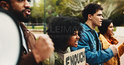 Buy stock photo Sign, outdoor and protest with angry people for environment, stop pollution or global warming. College, students and rally with poster for climate change, sustainability or call to action with fight