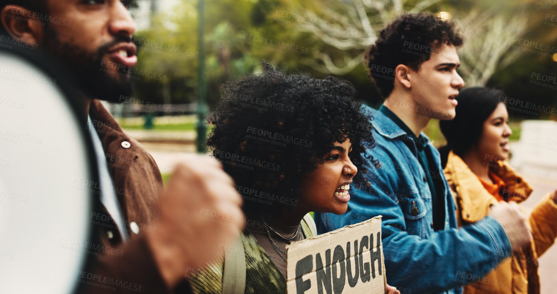 Buy stock photo Sign, outdoor and protest with angry people for environment, stop pollution or global warming. College, students and rally with poster for climate change, sustainability or call to action with fight