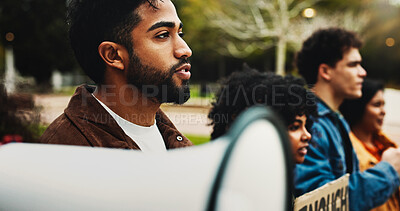 Buy stock photo Man, students and billboard for protest outdoor for justice, free education and announcement. People, bullhorn and university rally for learning, equality and human rights from global discrimination