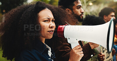 Buy stock photo Woman, students and megaphone for protest outdoor for justice, free education and announcement. People, bullhorn and university rally for learning, equality and human rights of global discrimination