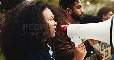 Buy stock photo Climate change, protest and woman with megaphone, environment and awareness with ecology. Outdoor, people and crowd with bullhorn, group activism or screaming with global warming, unity or solidarity