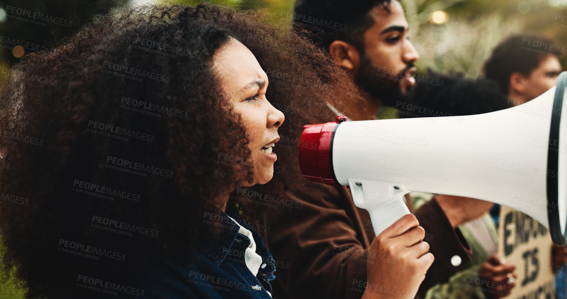 Buy stock photo Climate change, protest and woman with megaphone, environment and awareness with ecology. Outdoor, people and crowd with bullhorn, group activism or screaming with global warming, unity or solidarity