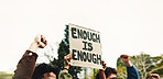 Fist, students and billboard for protest outdoor for justice, free education and announcement. People, change and university strike for learning, equality and human rights from global discrimination