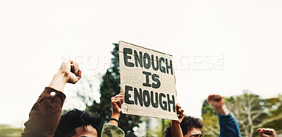 Buy stock photo Fist, students and billboard for protest outdoor for justice, free education and announcement. People, change and university strike for learning, equality and human rights from global discrimination