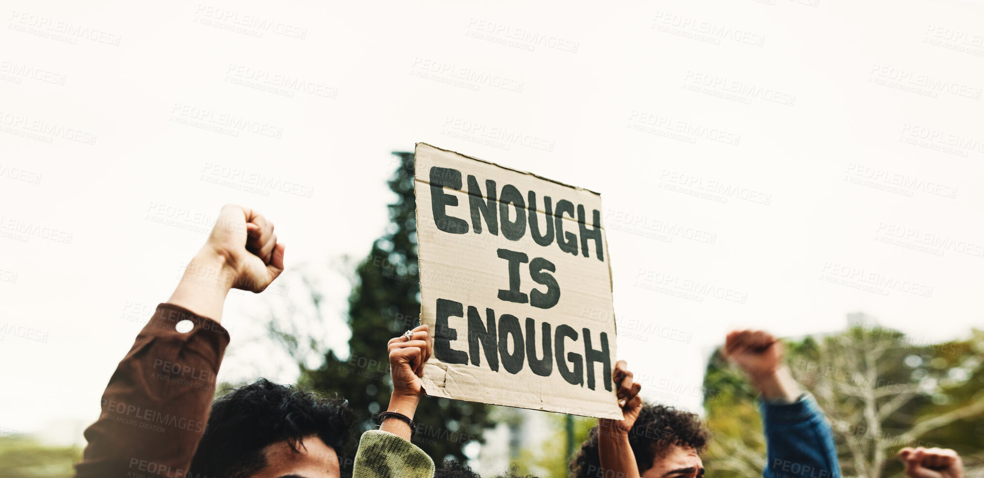Buy stock photo Fist, students and billboard for protest outdoor for justice, free education and announcement. People, change and university strike for learning, equality and human rights from global discrimination