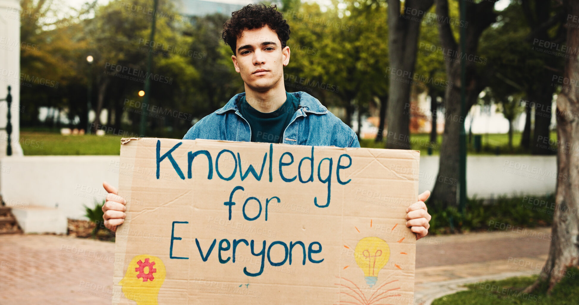 Buy stock photo Protest, college student or man with sign on campus, education activist or demand policy reform. Knowledge access, fees change or person with poster for social justice, serious or tuition movement