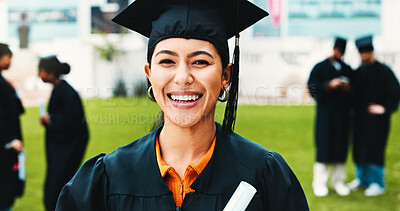 Buy stock photo Education, graduation and portrait of woman student on campus for college or university success. Certificate, milestone and smile of happy graduate outdoor for achievement or celebration of goals